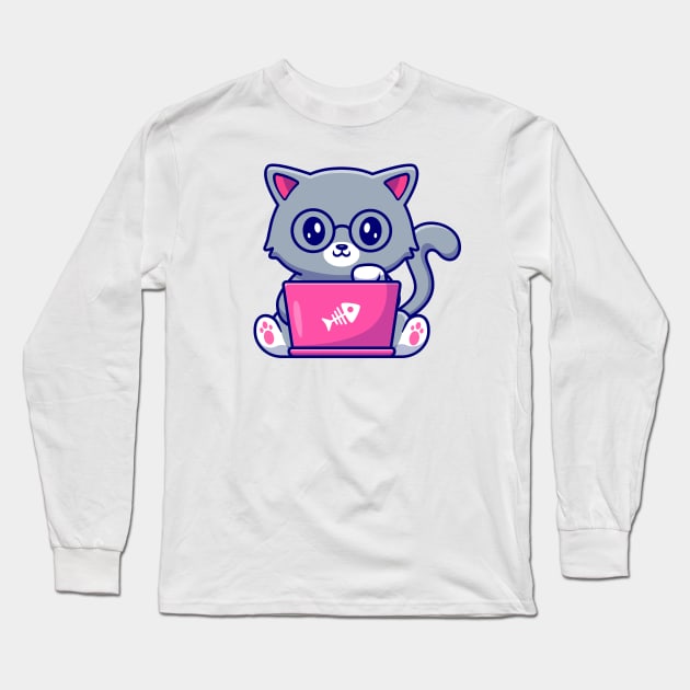 Cute Cat Working On Laptop - Programmer - Long Sleeve T-Shirt